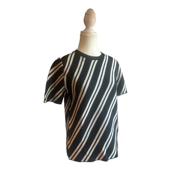 Ann Taylor Women's Black White Striped Stretch Knit Top | Medium Petite - Picture 3 of 8